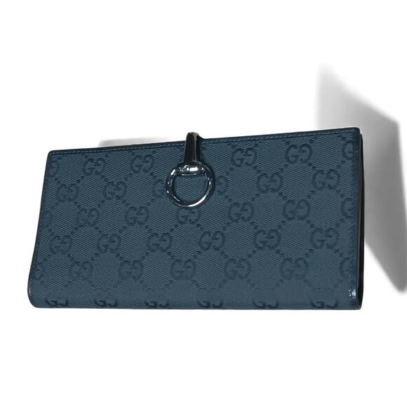 Authentic Gucci GG Canvas Long Wallet Silver Horsebit Leather Black Zip Interior - Picture 4 of 16